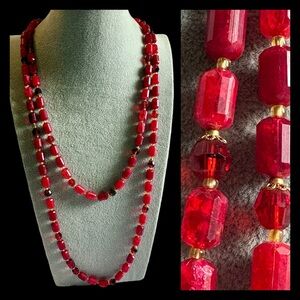 Vintage Long Red Beaded Necklace